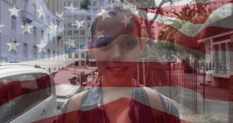 Smiling Teen with Backpack and American Flag Overlay