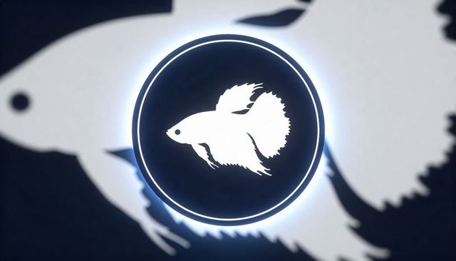 Glowing circular betta emblem featuring white plumed fish silhouette and halo ring