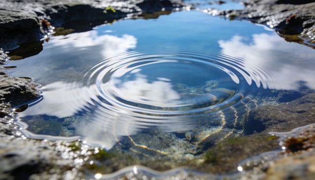 Rippling Tide Pool Reflecting Blue Sky and Cloud Rings over Rocky Bedrock