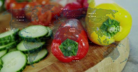 Sitting red and yellow bell peppers with sliced cucumber on cutting board with digital hud overlay