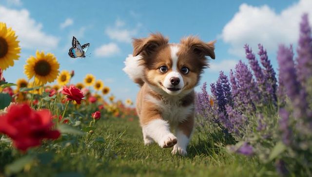 Playful Brown and White Puppy Running Through Sunflower and Lavender Meadow with Butterfly