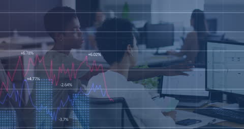 Financial Data Overlay on Business People Discussing Analytics in Office