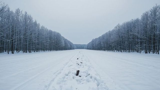 Symmetrical snow corridor through frosted forest avenue with central berm and tracks