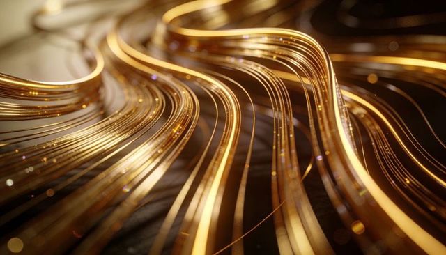 Flowing golden filaments creating curved metallic ribbons with sparkling bokeh