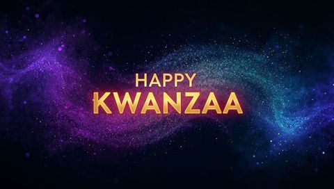 Glowing Happy Kwanzaa Gold Typography on Magenta Teal Cosmic Nebula Background