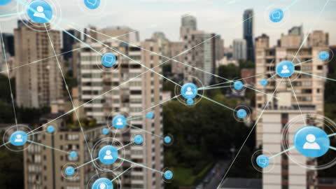 Urban Digital Network Concept with Icon Overlay