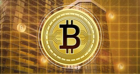 Virtual bitcoin and digital grid over modern cityscape