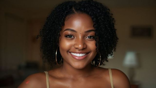 Smiling Woman in Cozy Living Room Setting Portrays Happiness and Elegance
