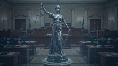 Blindfolded lady justice statue in elegant courtroom