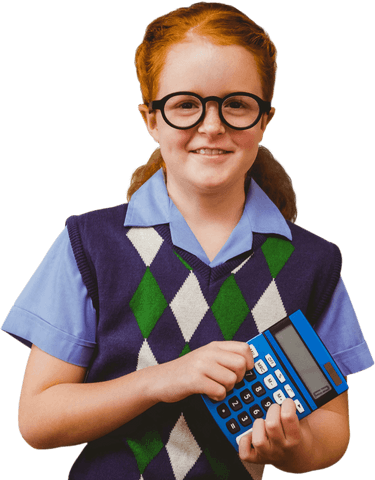Happy girl with glasses holding blue calculator on transparent background