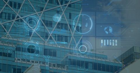 Futuristic digital interface on modern office building