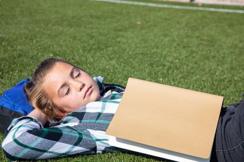 Girl Relaxing on Grass with Laptop in Sun