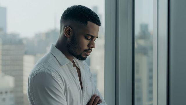 Pensive african american guy looking at cityscape from office window