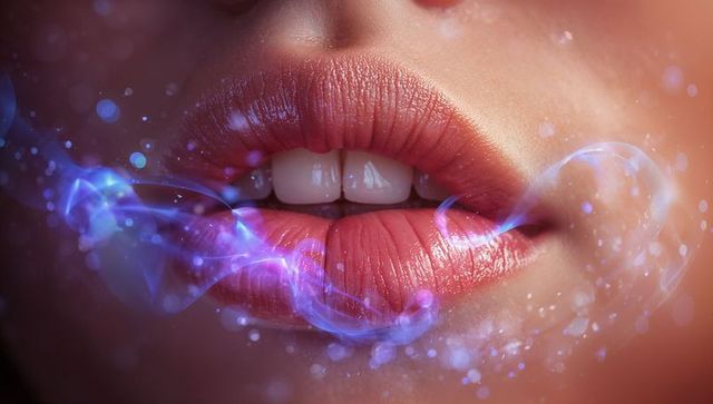 Glossy pink lips emitting blue smoke macro beauty closeup with bokeh glow
