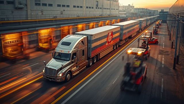 Modern Freight Trucks with Double Trailers by Warehouse at Sunset