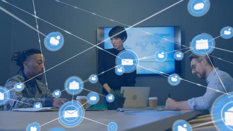 Digital Networking Displayed Over Office Meeting with Professionals