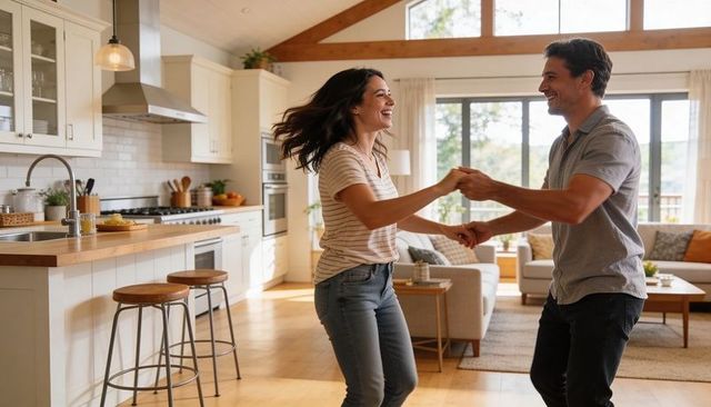 Couple dancing in sunlit open-plan kitchen and living room, casual home romance and joy