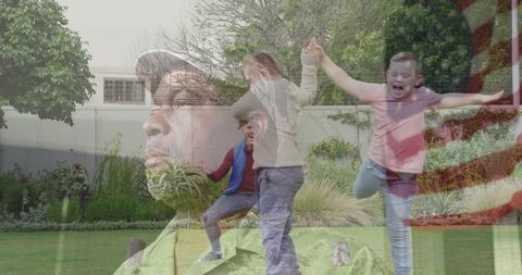 Father and sons jump rope in backyard overlaying american flag