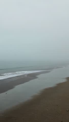 Foggy Shoreline Waves Advancing and Receding on Wet Sand Vertical Meditative Sea Loop