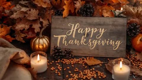 Zooming Close-Up Revealing Rustic Happy Thanksgiving Sign with Candlelight and Autumn Decor