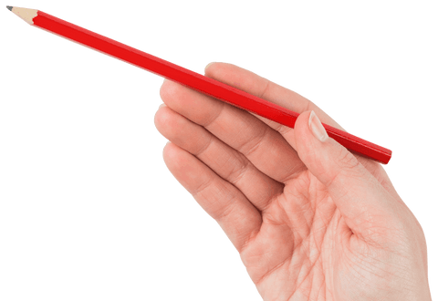 Hand holding transparent red pencil against white background