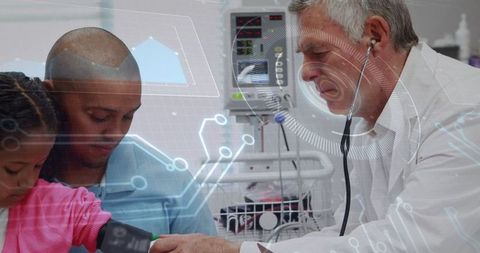 Experienced Doctor Examining Father and Daughter in Clinic