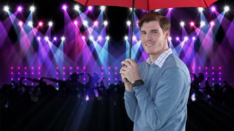 Smiling Man with Umbrella in Vibrant Nightclub Scene