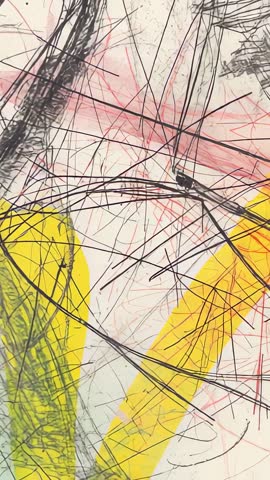 Slow vertical video revealing abstract drawing with black scribbles, red accents, bold yellow bands