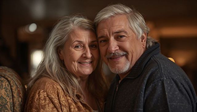 Senior couple sharing warm smile and close embrace at home, cozy retirement together