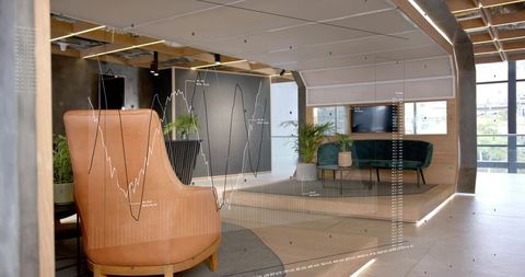 Modern office lounge with tan leather chair, green sofa and floating data overlay