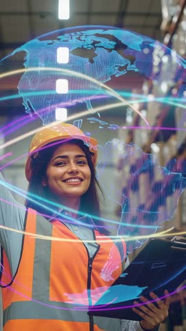 Vertical video showing warehouse worker using AR hologram for supply chain confirmation