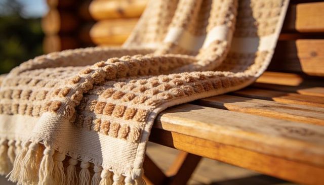 Sunlit beige bobble-knit throw draping over slatted wooden bench with tassels, rustic deck