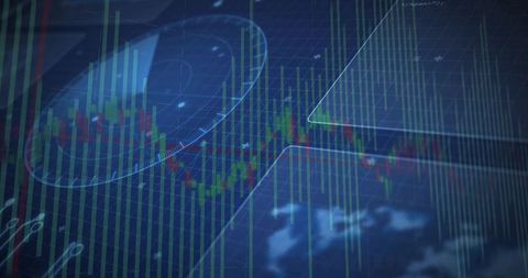 Dark financial dashboard displaying candlestick charts, volume bars, radar gauge