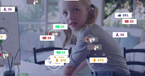 Young girl creating art in home studio with floating social media notifications