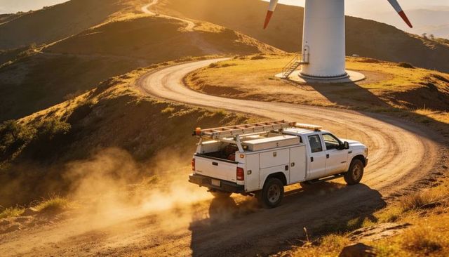 Utility truck driving along winding dirt road near wind turbine at golden hour