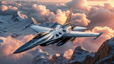 F16 fighter jet soaring above snowy peaks against dramatic skies