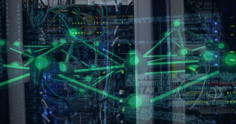 Futuristic network visualization overlaying server racks with glowing cables and data flow