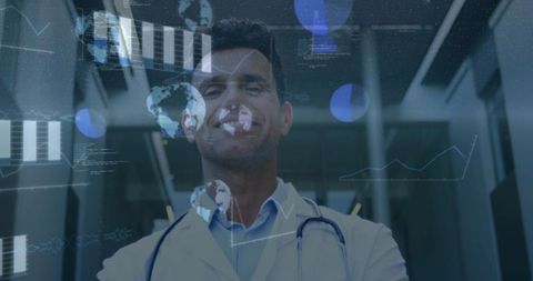 Physician viewing holographic medical analytics on glass display in modern clinic corridor