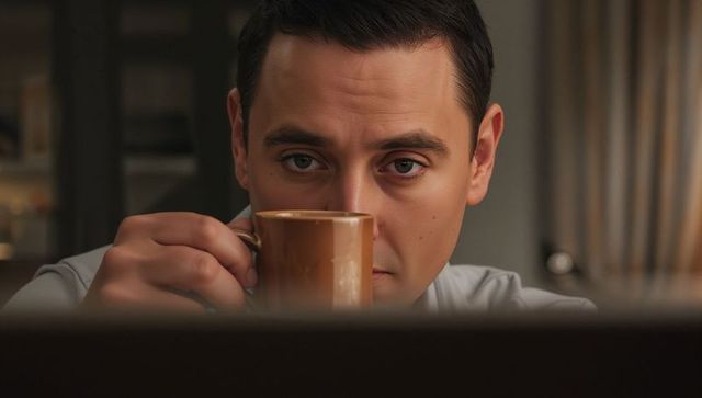 Focused man sipping coffee while working on laptop in home office closeup, warm light