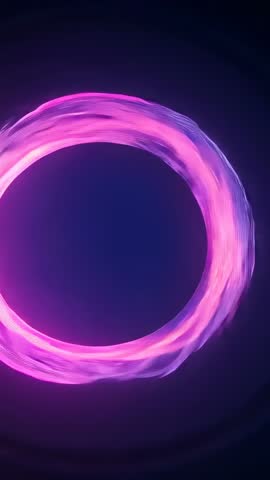 Vertical neon ring rotating and pulsing on dark navy gradient for looping abstract motion