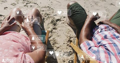 Social Media Influencers Relaxing at Beach with Icon Overlays