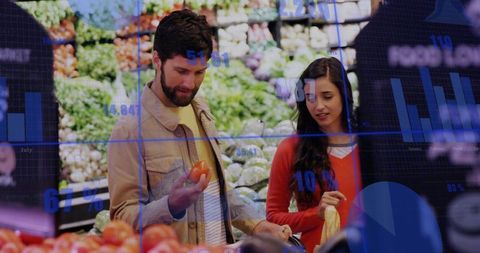 Couple comparing tomatoes with data overlays while shopping produce and analyzing trends