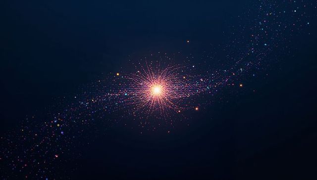 Radiant particle burst with colorful stream and starburst core on deep navy background