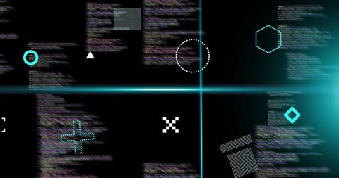 Neon cyan crosshair hud overlay with glitch code, geometric reticle, futuristic interface