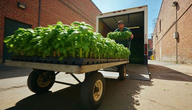 Urban nursery worker loading seedling trays onto delivery truck in sunlit alley