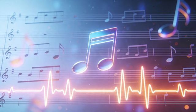 Glowing holographic eighth note floating over neon ecg waveform across musical staves