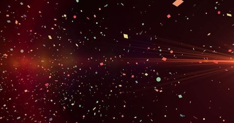 Floating multicolored shapes in digital space with orange beam