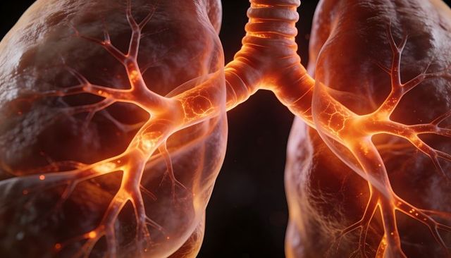 Glowing lungs and bronchi revealing airway network, detailed anatomical 3d rendering