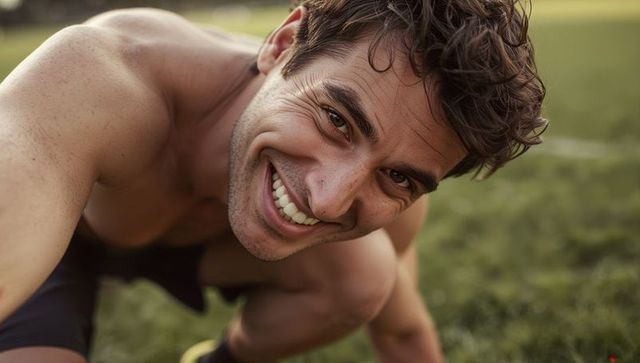 Smiling athletic man crouching and leaning forward on sunlit park grass