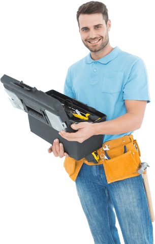 smiling construction worker holding toolbox over white background - Download Free Stock Videos Pikwizard.com